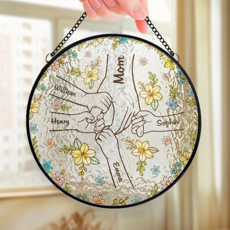 In Every Grip, A Lifetime Of Love - Family Personalized Custom Stained Glass Window Hanging Suncatcher - Mother's Day, Gift For Mom, Grandma