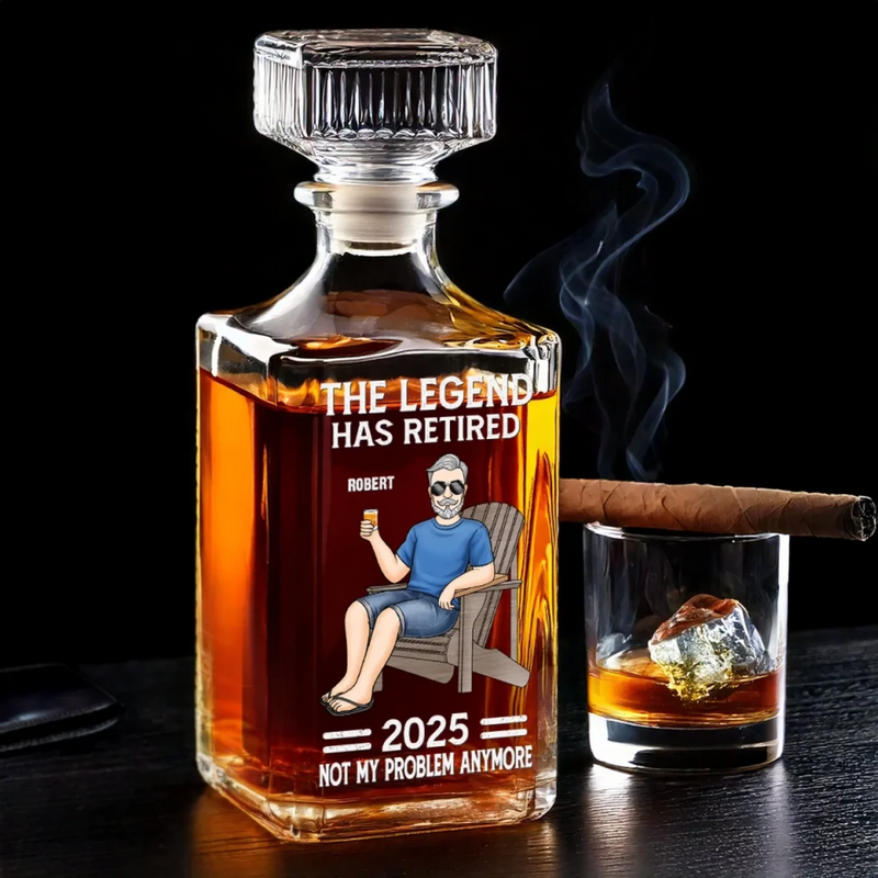 Off The Clock On The Rocks - Family Personalized Custom Glass Whiskey Bottle - Father's Day, Gift For Dad, Grandpa, Husband