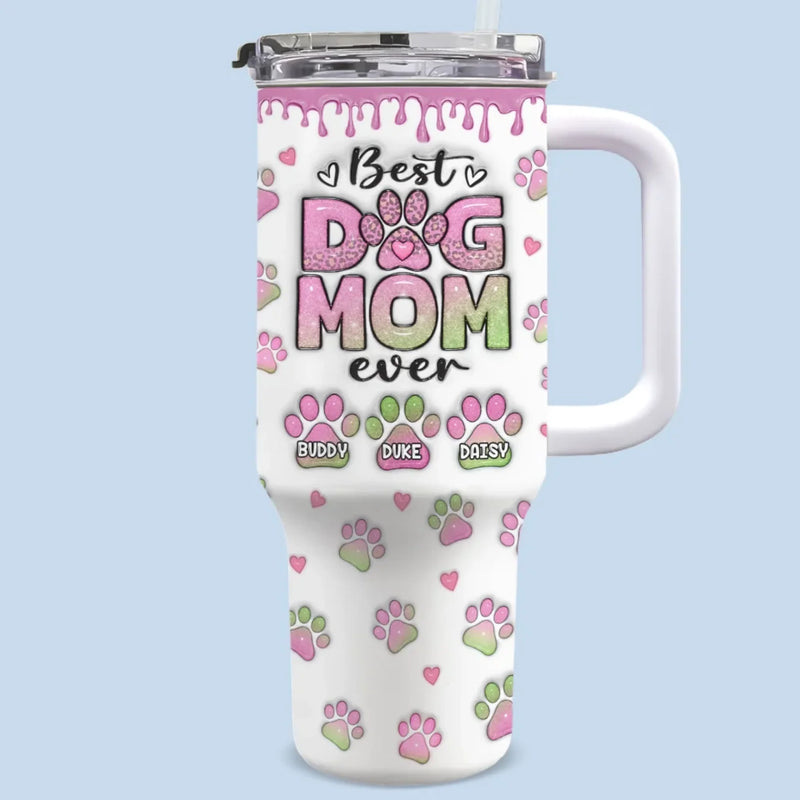 Heart Full Of Love, Hands Full Of Paws - Dog Personalized Custom 3D Inflated Effect Printed 40 Oz Stainless Steel Tumbler With Handle - Gift For Mom, Dog Lovers