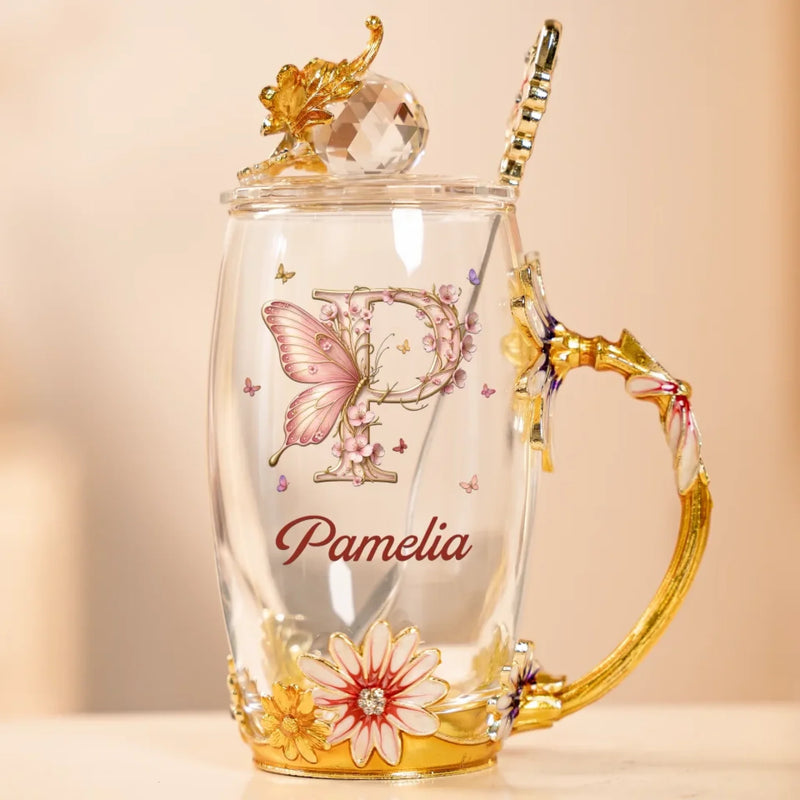 Bloom With Grace - Family Personalized Custom Enamel Flower Tea Cup With Lid & Spoon - Gift For Women