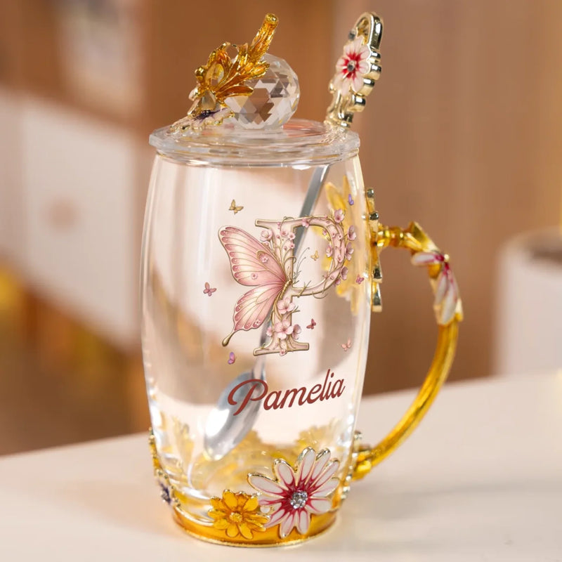 Bloom With Grace - Family Personalized Custom Enamel Flower Tea Cup With Lid & Spoon - Gift For Women