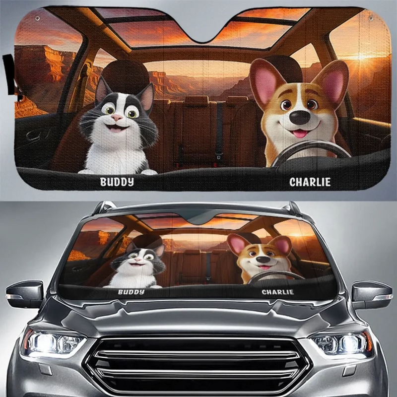 Paws On The Wheel, Tails On The Move - Dog & Cat Personalized Custom Auto Windshield Sunshade, Car Window Protector - Gift For Pet Owners, Pet Lovers