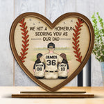 We Hit A Homerun Scoring You As Our Dad - Family Personalized Custom Shaped 2-Layered Wooden Plaque With Flat Stand - Father's Day, House Warming Gift For Dad, Kids, Sport Lovers