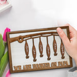 We Are Hooked On You - Family Personalized Custom 2-Layered Wooden Plaque With Stand - Father's Day, Gift For Dad, Grandpa, Anglers