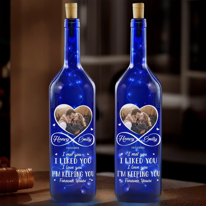 Custom Photo Together, Always & Forever - Couple Personalized Custom Blue Bottle Lamp - Gift For Husband Wife, Anniversary