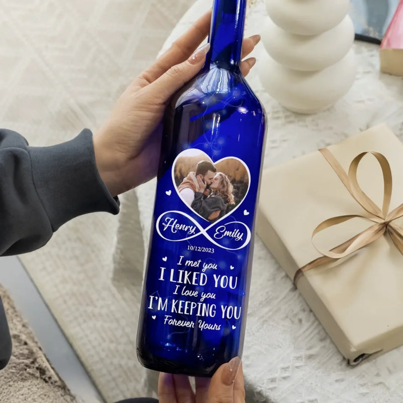 Custom Photo Together, Always & Forever - Couple Personalized Custom Blue Bottle Lamp - Gift For Husband Wife, Anniversary