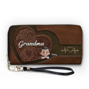 L'amour est cousu dans chaque câlin - Portefeuille long en cuir personnalisé pour la famille - Cadeau pour la fête des mères, maman, grand-mère