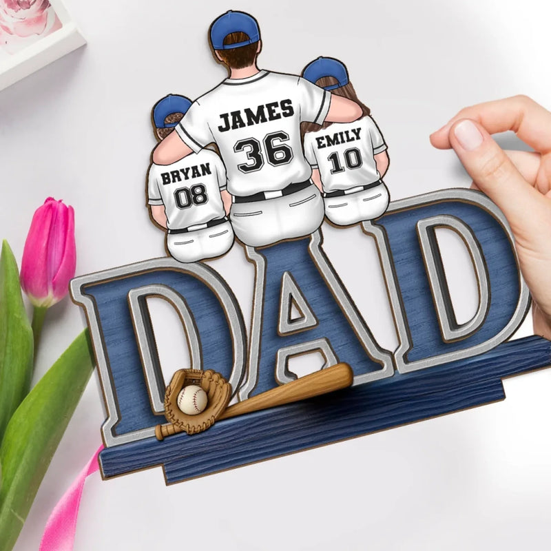 Dad, You’re Our Home Run - Family Personalized Custom Shaped 2-Layered Wooden Plaque With Flat Stand - Father's Day, House Warming Gift For Dad, Kids