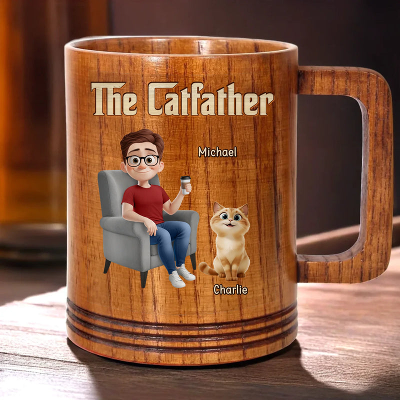 The Catfather, Chosen By My Cat - Cat Personalized Custom Wooden Mug - Father's Day,  Gift For Dad, Pet Owners, Pet Lovers