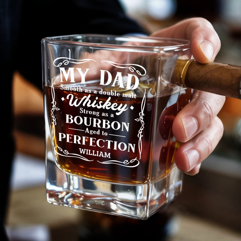 Bourbon’s Got Flavor, But Dad’s Got Soul - Family Personalized Custom Whiskey Glass With Cigarette Holder - Father's Day, Gift For Dad, Grandpa