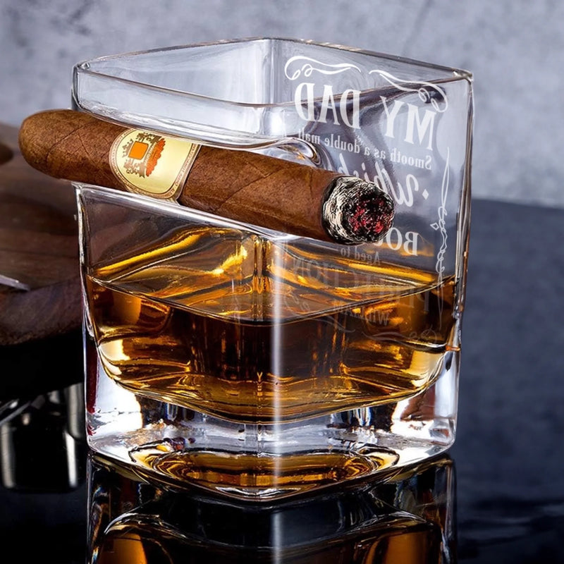 Bourbon’s Got Flavor, But Dad’s Got Soul - Family Personalized Custom Whiskey Glass With Cigarette Holder - Father's Day, Gift For Dad, Grandpa
