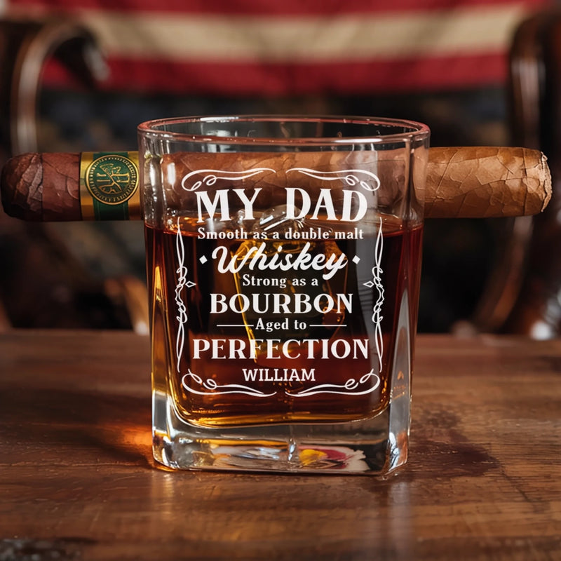 Bourbon’s Got Flavor, But Dad’s Got Soul - Family Personalized Custom Whiskey Glass With Cigarette Holder - Father's Day, Gift For Dad, Grandpa