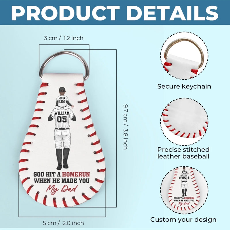 God Hit A Homerun When He Made You My Dad - Family Personalized Custom Leather Keychain - Father's Day, Gift For Dad, Baseball Lovers, Baseball Players