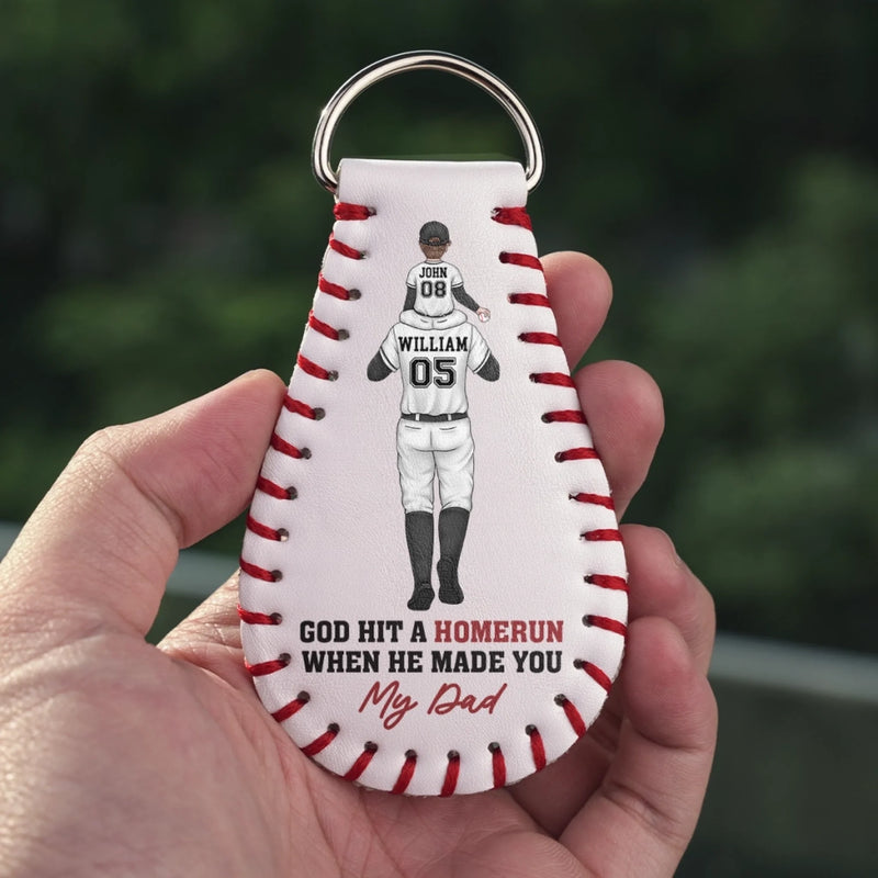 God Hit A Homerun When He Made You My Dad - Family Personalized Custom Leather Keychain - Father's Day, Gift For Dad, Baseball Lovers, Baseball Players