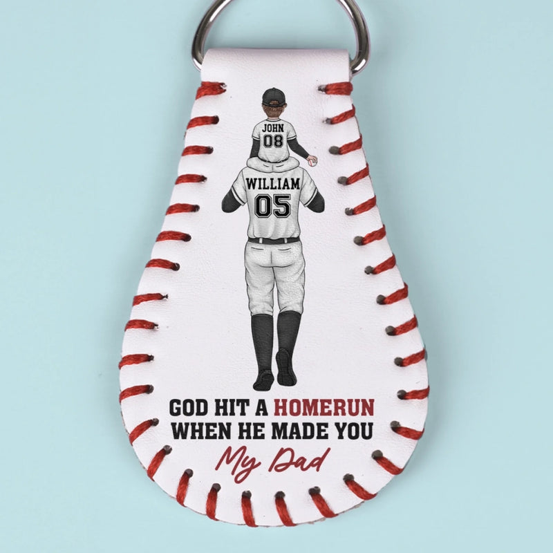 God Hit A Homerun When He Made You My Dad - Family Personalized Custom Leather Keychain - Father's Day, Gift For Dad, Baseball Lovers, Baseball Players