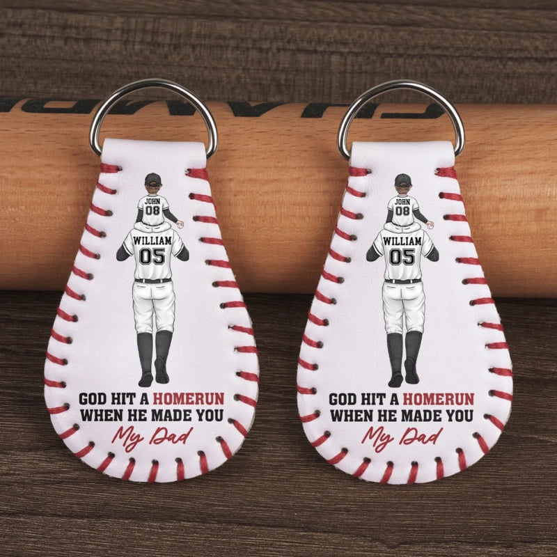 God Hit A Homerun When He Made You My Dad - Family Personalized Custom Leather Keychain - Father's Day, Gift For Dad, Baseball Lovers, Baseball Players