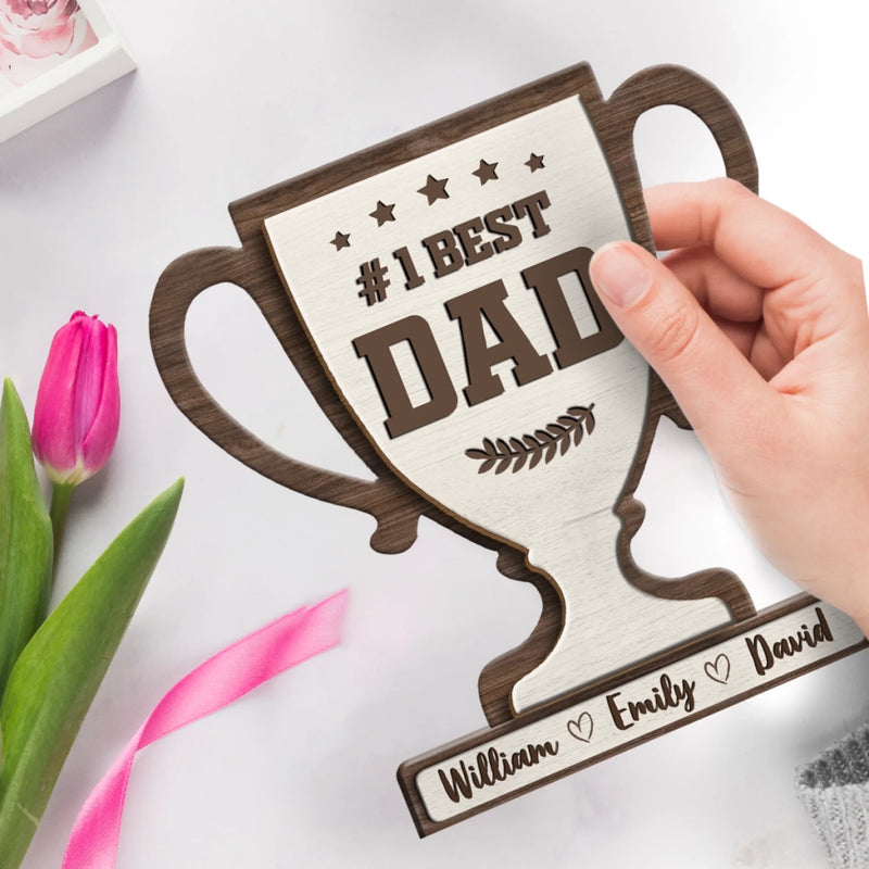 Our Champion, Our Dad - Family Personalized Custom 2-Layered Wooden Plaque With Stand - Father's Day, Gift For Dad, Grandpa