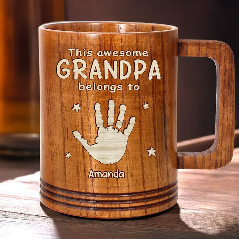 This Awesome Grandpa Belongs To His Crew - Family Personalized Custom Wooden Mug - Father's Day, Gift For Dad, Grandpa