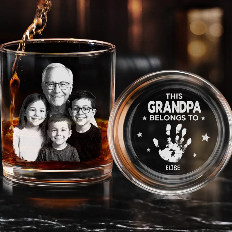 Custom Photo Built With Love, Powered By Grandkids - Family Personalized Custom Whiskey Glass With Bottom And Side Engraving - Father's Day, Gift For Dad, Grandpa