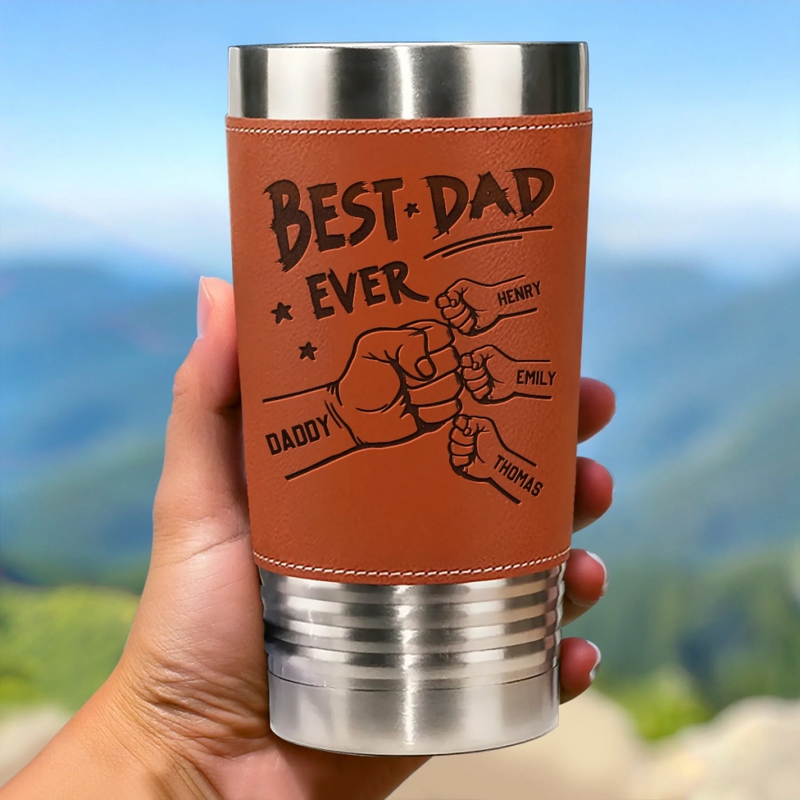 From Tiny Fingers To Forever Memories - Family Personalized Custom Printed Leather Tumbler - Father's Day, Gift For Dad, Grandpa, Family Members