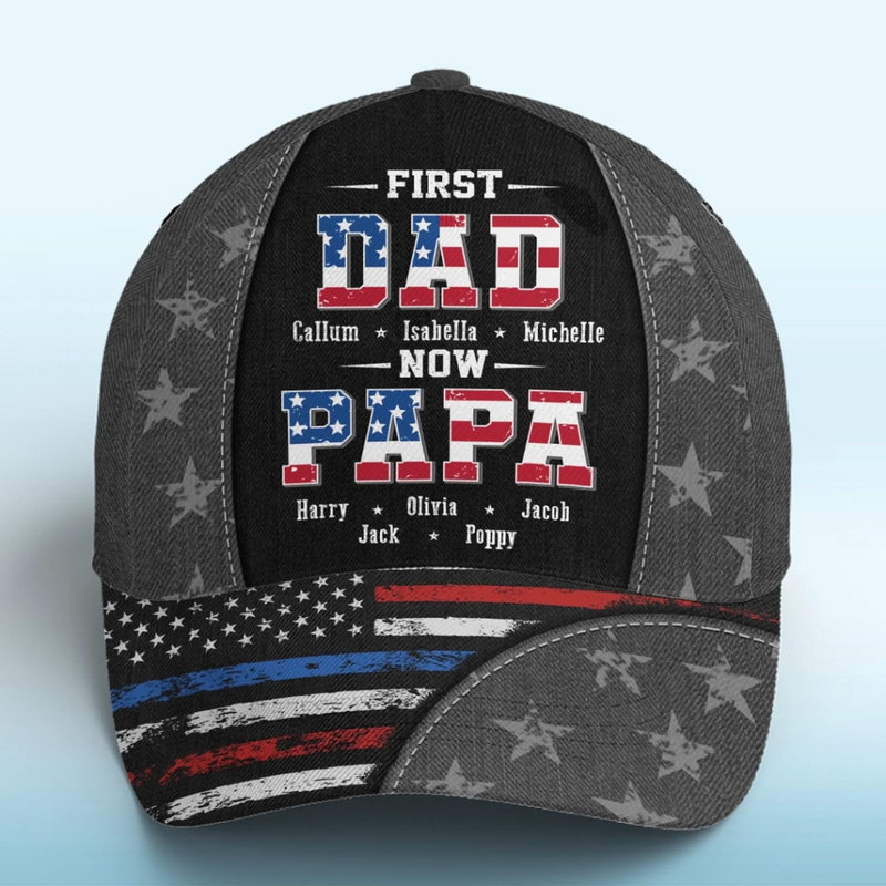 First Dad, Now Grandpa - Family Personalized Custom Hat, All Over Print Classic Cap - Father's Day, Gift For Dad, Grandpa