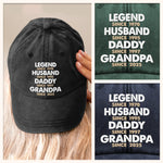 Built To Be A Legend - Family Personalized Custom Vintage Washed Denim Baseball Cap - Father's Day, Gift For Dad, Grandpa
