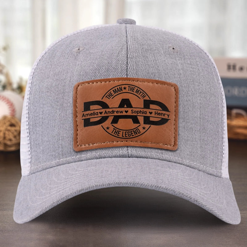 Father First Always Hero - Family Personalized Custom Leather Patch Hat - Father's Day, Gift For Dad, Grandpa