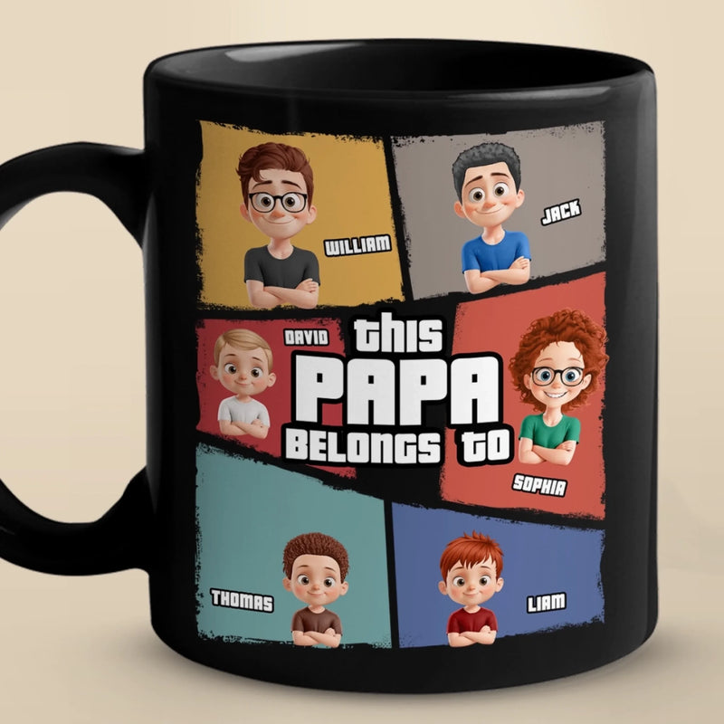 This Papa Belongs To - Family Personalized Custom Black Mug - Father's Day, Gift For Dad, Grandpa