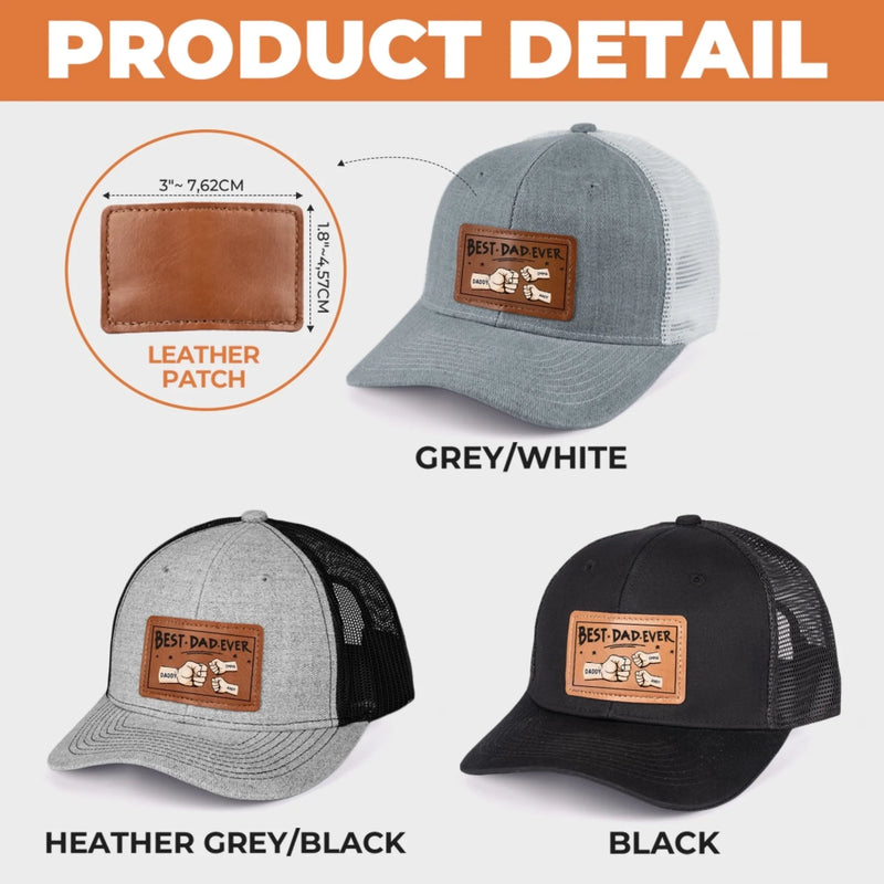 Best Papa Ever - Family Personalized Custom Leather Patch Hat - Gift For Dad, Grandpa