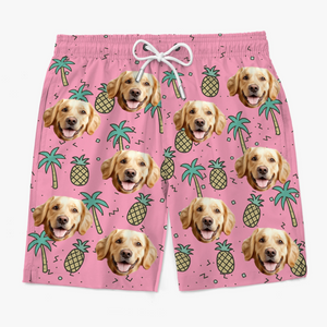 Short de plage hawaïen personnalisé avec photo « Ananas Punch Squad » - Short de plage hawaïen tropical Aloha pour homme - Cadeau de vacances d'été pour les membres de la famille, les propriétaires d'animaux et les amoureux des animaux