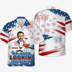 Photo personnalisée « M. Beau gosse cuisine » - T-shirt hawaïen unisexe tropical personnalisé pour la famille - Cadeau de vacances d'été, cadeau pour papa, grand-père, amoureux des voyages