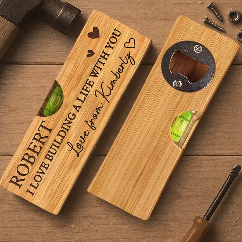 Our Love Is Always Level - Couple Personalized Custom Engraved Wooden Bottle Opener With Built-in Spirit Level - Gift For Husband Wife, Anniversary