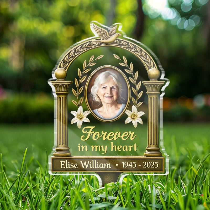 Custom Photo Carried In My Heart - Memorial Personalized Custom Stain Glass Style Acrylic Garden Stake - Sympathy Gift For Family