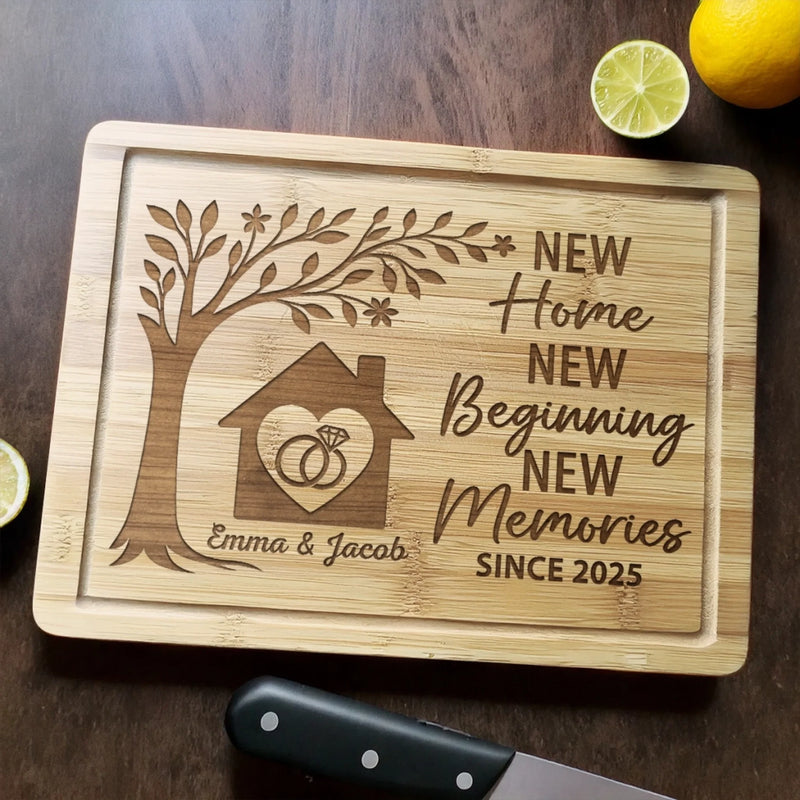 First Home, Best Memories - Couple Personalized Custom Engraved Wooden Cutting Board - Gift For Husband Wife, Anniversary