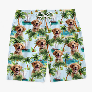 Short de plage hawaïen personnalisé avec photo « Paws And Paradise » pour chien et chat, motif tropical Aloha, idéal pour les vacances d'été. Cadeau idéal pour les propriétaires et les amoureux des animaux.