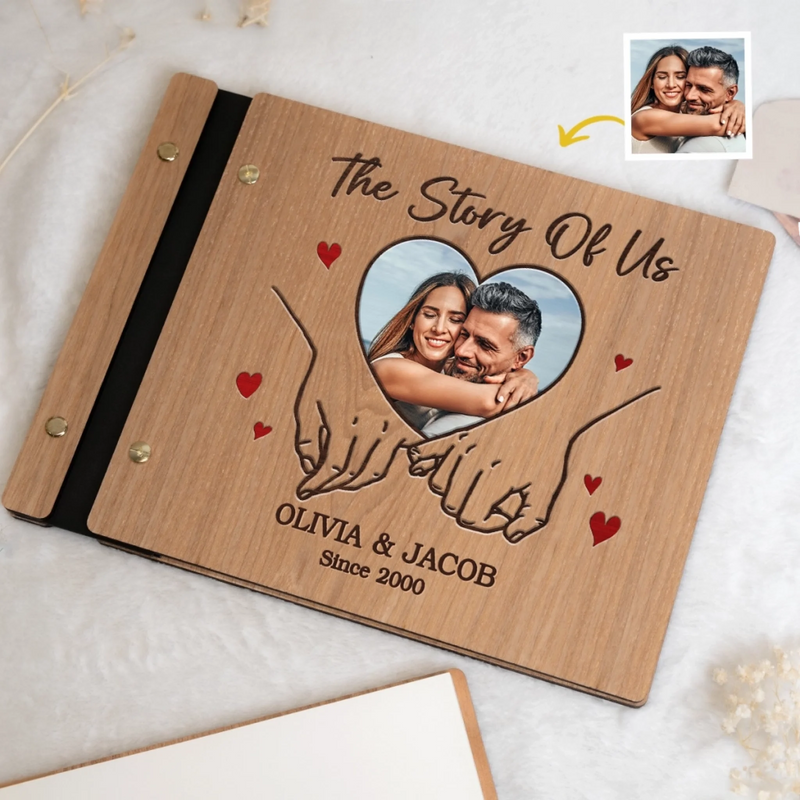 Custom Photo The Story Of Us - Couple Personalized Custom Wooden Scrapbook - Gift For Husband Wife, Anniversary