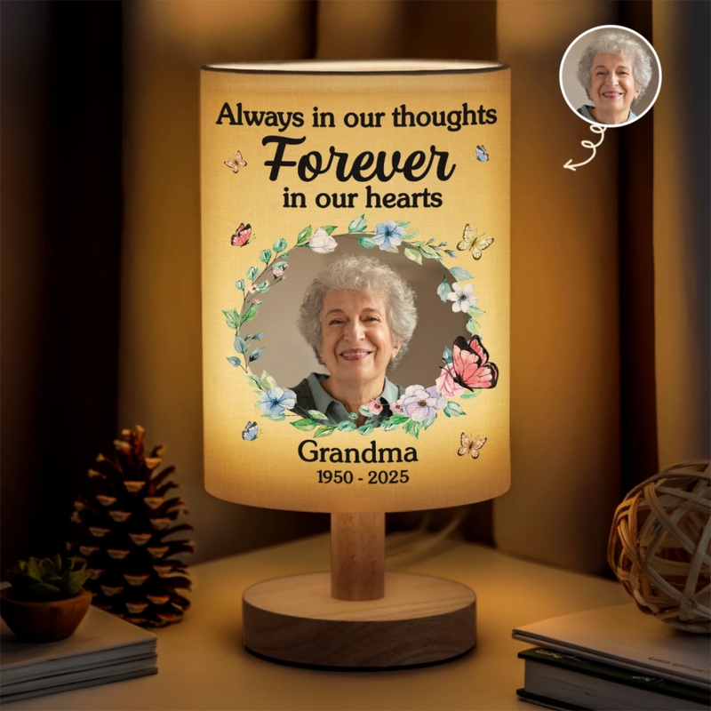 Custom Photo Butterfly Kisses From Heaven - Memorial Personalized Custom Linen Bedside Table Lamp - Sympathy Gift For Family Members