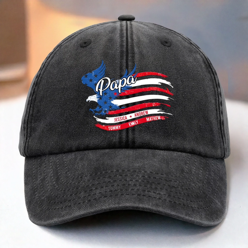 Forever Papa - Family Personalized Custom Vintage Washed Denim Baseball Cap US - 4th Of July, Gift For Dad, Grandpa