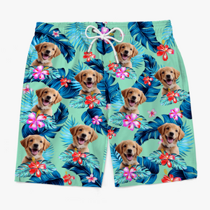 Short de plage hawaïen personnalisé avec photo « Pattes dehors, soleil dehors » – Short de plage hawaïen tropical Aloha pour homme, personnalisé pour chien et chat – Cadeau de vacances d'été pour propriétaires et amoureux des animaux