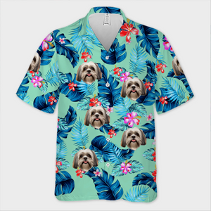 T-shirt hawaïen tropical unisexe personnalisé avec photo « Restez au frais avec mon équipe » pour chien et chat ! Cadeau idéal pour les vacances d'été, les propriétaires d'animaux et les amoureux des animaux.