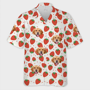 T-shirt hawaïen unisexe personnalisé avec photo de fraises et de sourires toute la journée pour chien et chat - Cadeau idéal pour les vacances d'été, les propriétaires d'animaux et les amoureux des animaux