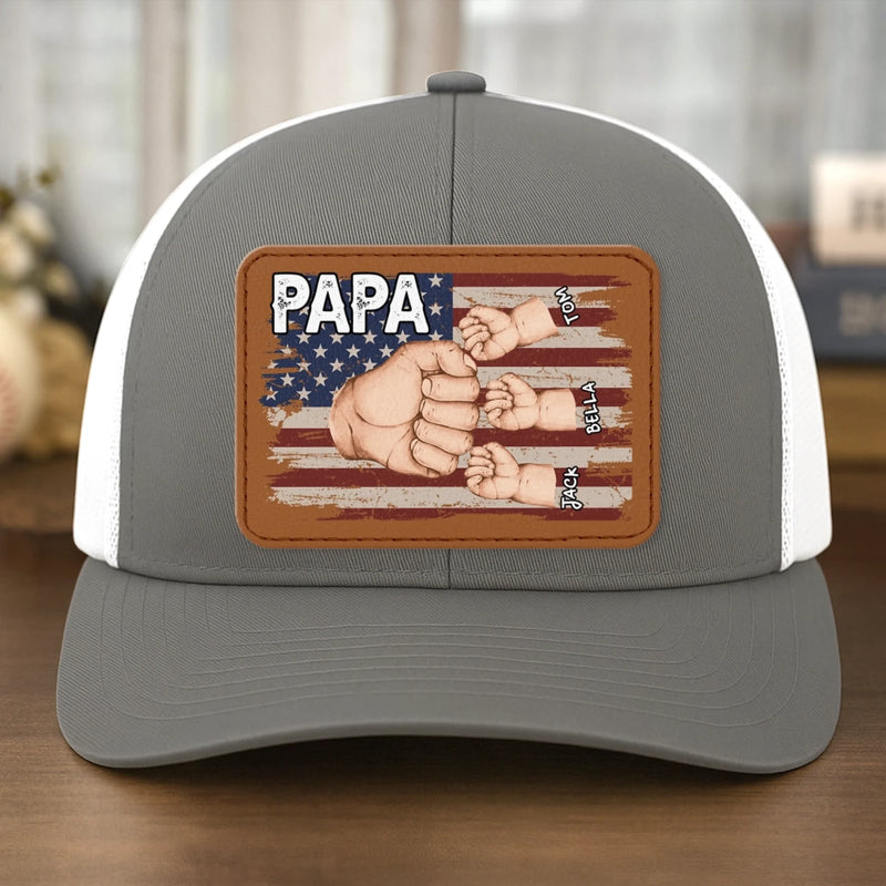 Strong Hands, Soft Heart - Family Personalized Custom Leather Patch Mesh Cap - 4th Of July, Gift For Dad, Grandpa