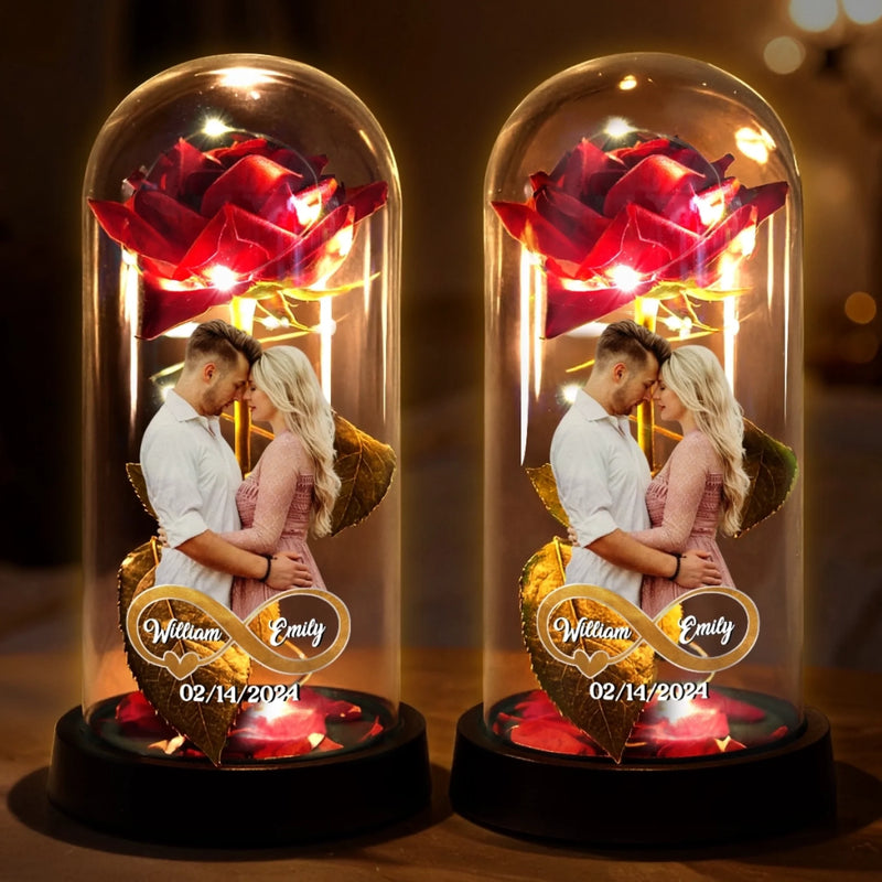 Custom Photo Light Up Eternal Rose In Glass Dome - Personalized Anniversary Wedding Gifts For Husband And Wife, Him And Her - Forever Yours, Forever Mine