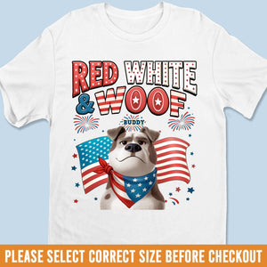 T-shirt unisexe personnalisé, t-shirt premium, sweat à capuche – Cadeaux personnalisés du 4 juillet pour les amoureux des chiens, papas et mamans – Rouge, blanc et ouaf