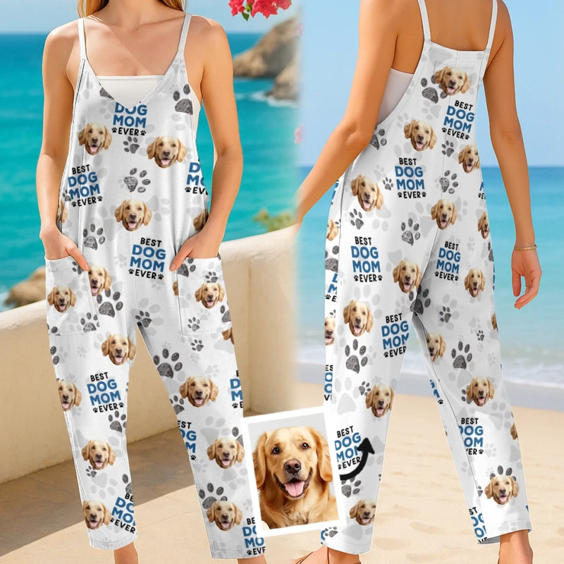 Custom Photo Casual Loose Overalls Jumpsuit - Personalized Summer Vacation And Travel Gifts For Dog Cat Lovers, Dog Dad And Mom, Cat Owners - Island Vibes, Puppy Tides