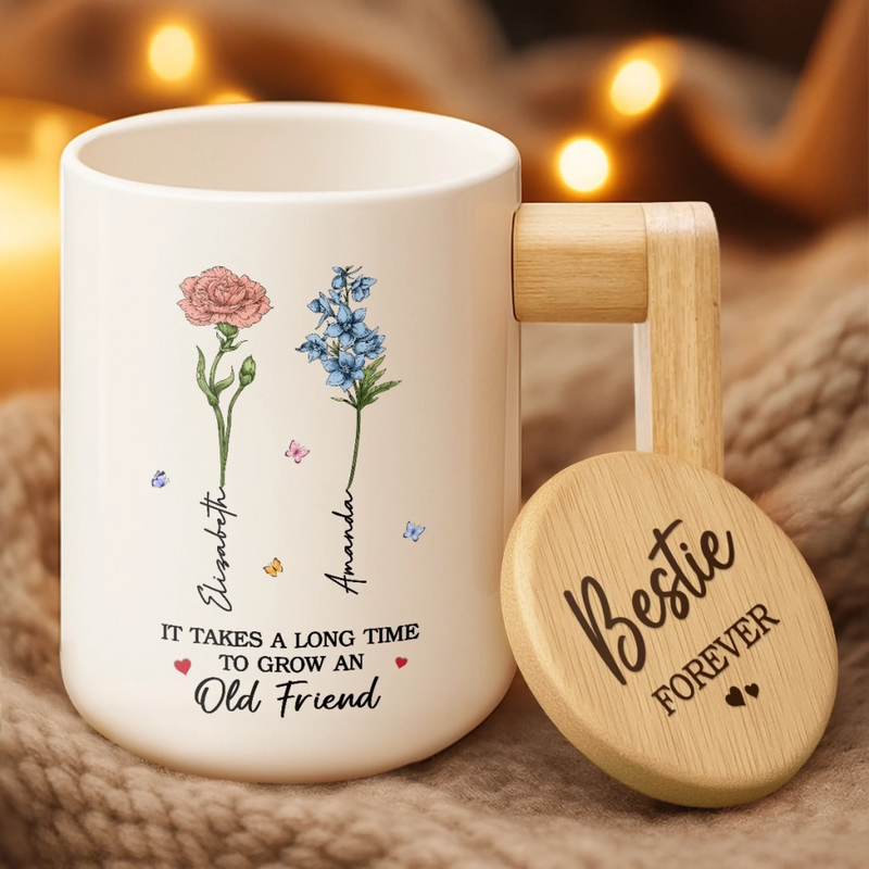 Custom Ceramic Mug With Wooden Lid & Handle - Personalized Best Friend Birthday Gifts For Women - Friendship In Full Bloom