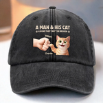 Custom Vintage Washed Denim Baseball Cap - Personalized Birthday Gifts For Cat Lovers, Cat Mom And Dad - Man And Cat Bound By Love