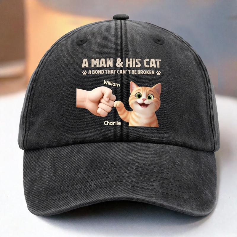 Custom Vintage Washed Denim Baseball Cap - Personalized Birthday Gifts For Cat Lovers, Cat Mom And Dad - Man And Cat Bound By Love