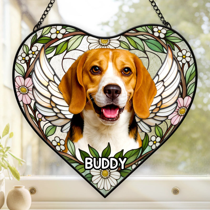 Custom Photo Heart-Shaped Stained Glass Window Suncatcher - Personalized Pet Memorial Sympathy Gifts For Dog Lovers, Cat Lovers - Love Lives On Always