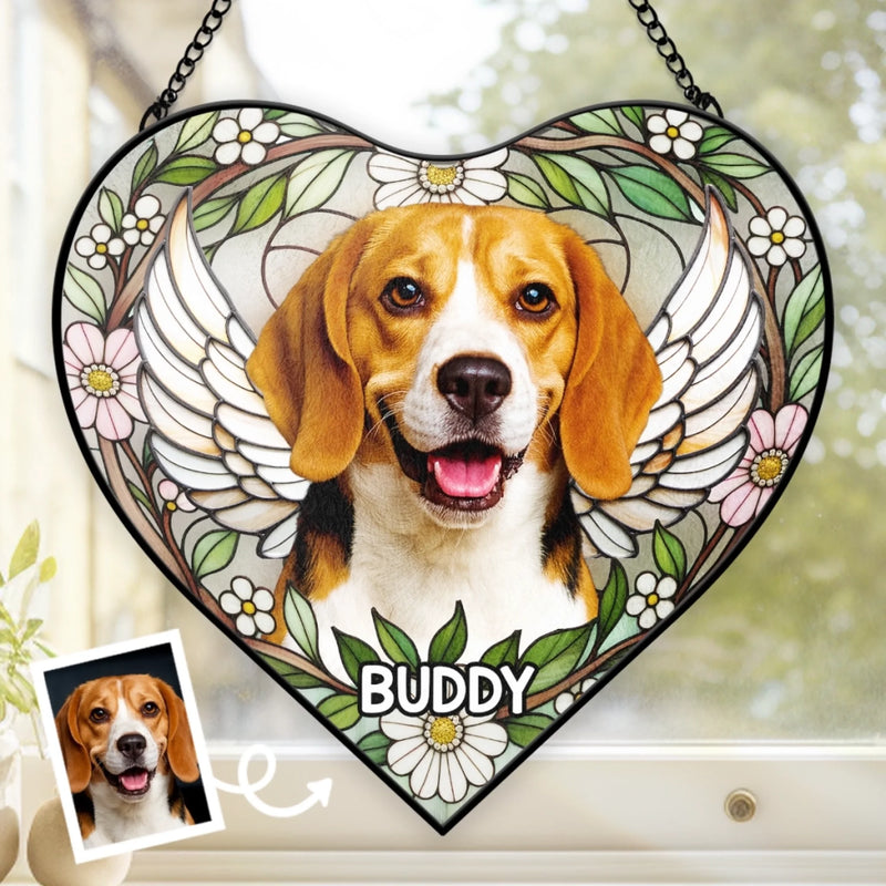 Custom Photo Heart-Shaped Stained Glass Window Suncatcher - Personalized Pet Memorial Sympathy Gifts For Dogs, Cats - Love Lives On Always